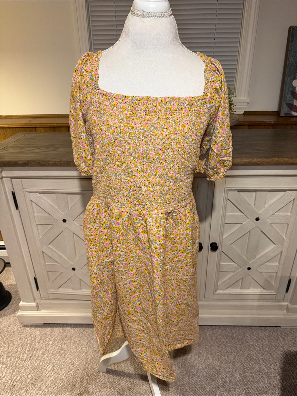 Universal Thread Yellow Pink Floral Smocked Square-Neck Mini Dress